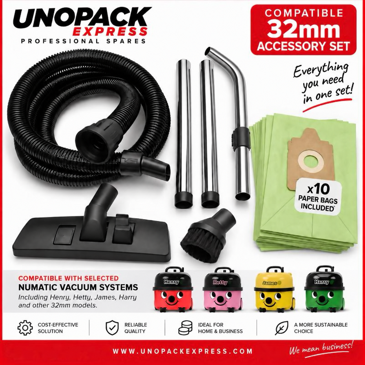 UNOPACK compatible 32mm accessory set for Numatic Henry Hetty and other vacuum cleaners